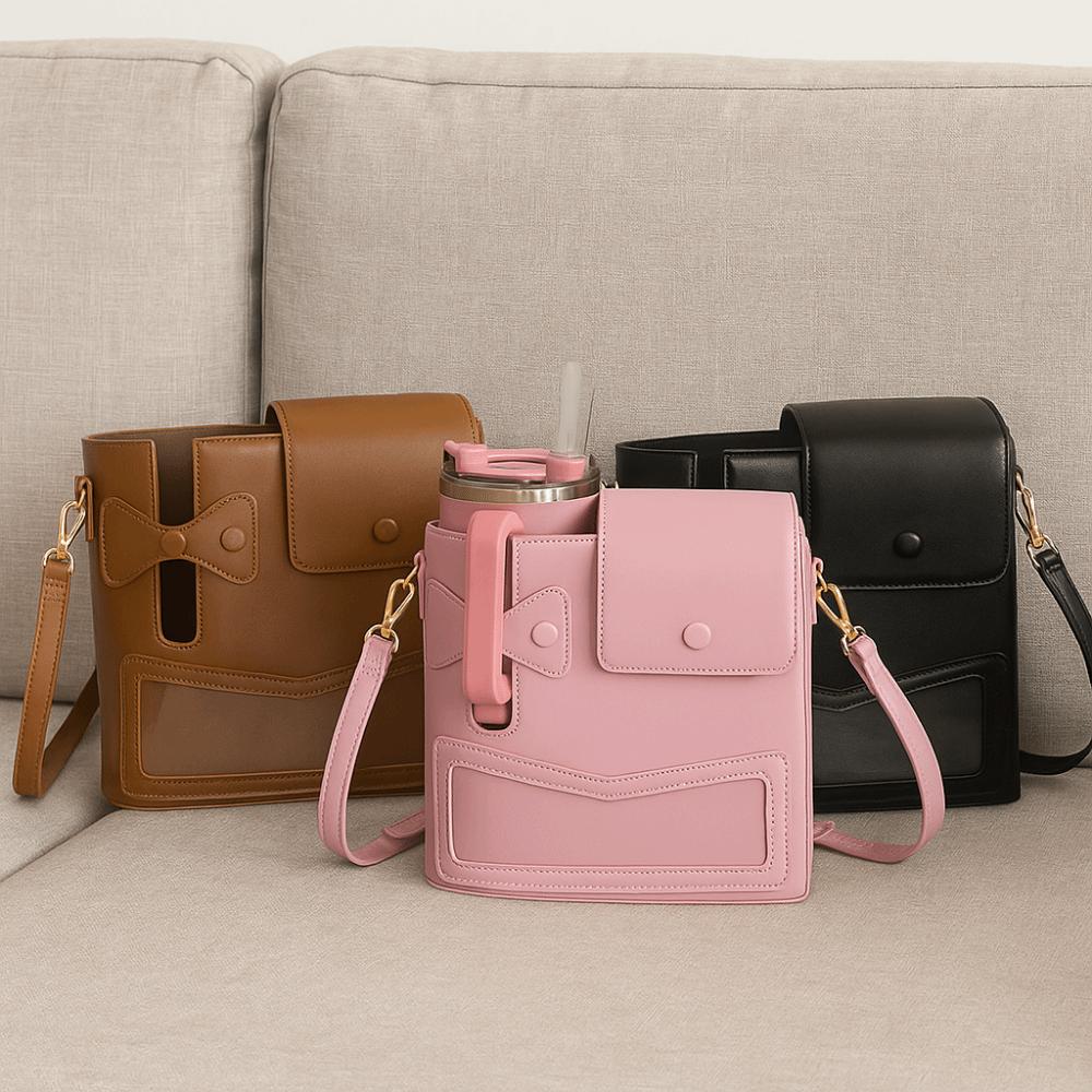 Crossbody Water Bottle Storage Bag PU Leather Large Capacity Travel Cup Holder Adjustable Shoulder Strap Water Cup Carrier