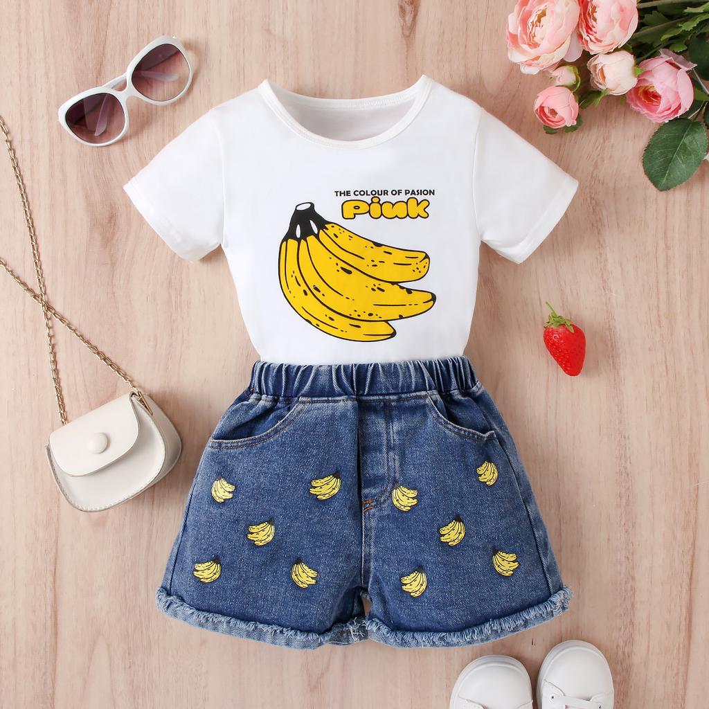 Mädchenanzug Sommer Kinder Einfarbig Bedruckt Kurzarm Pullover und Shorts