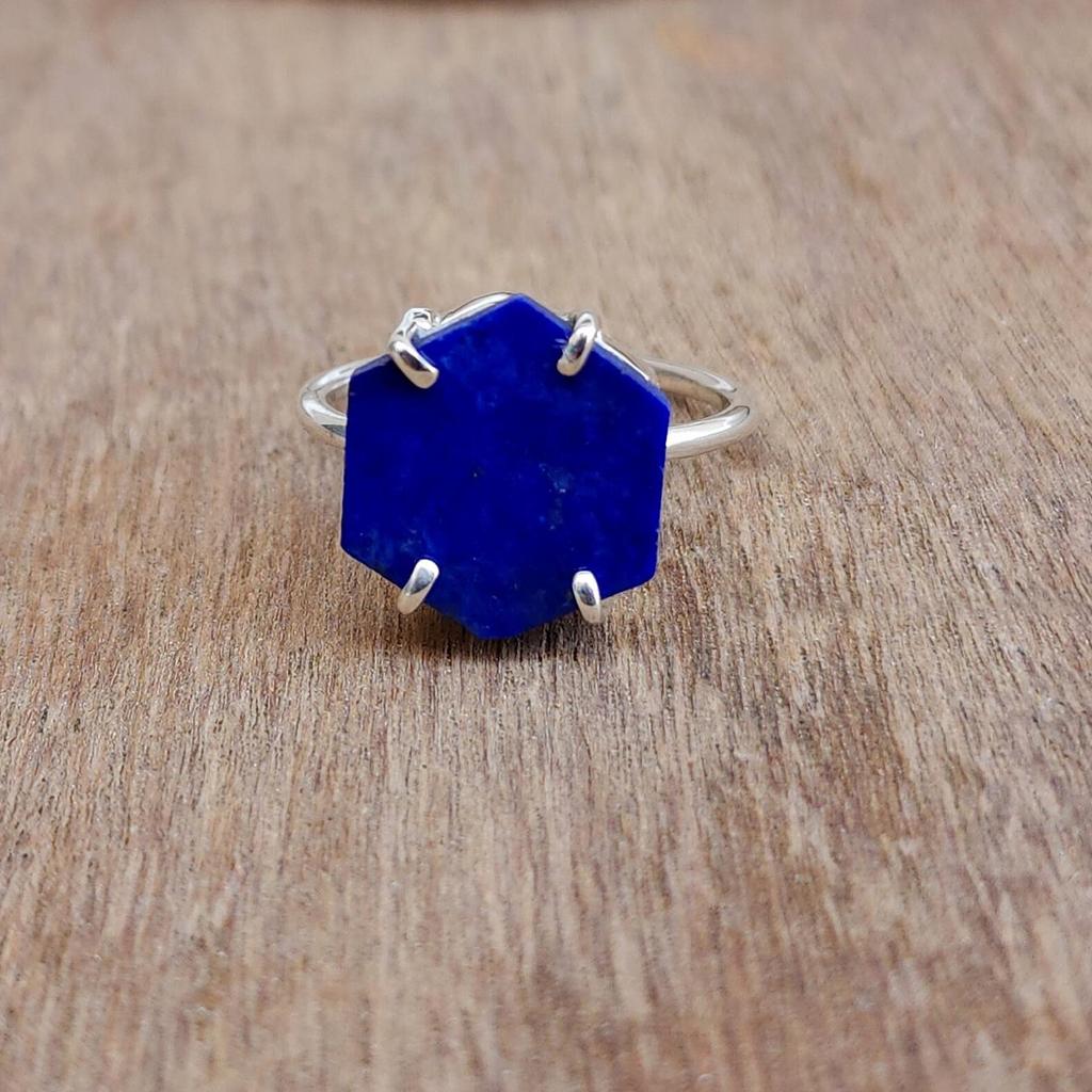 Hexagon Prong Set Lapis Lazuli 925 Sterling Silver Ring Jewelry, Handmade Lapis Ring Jewelry