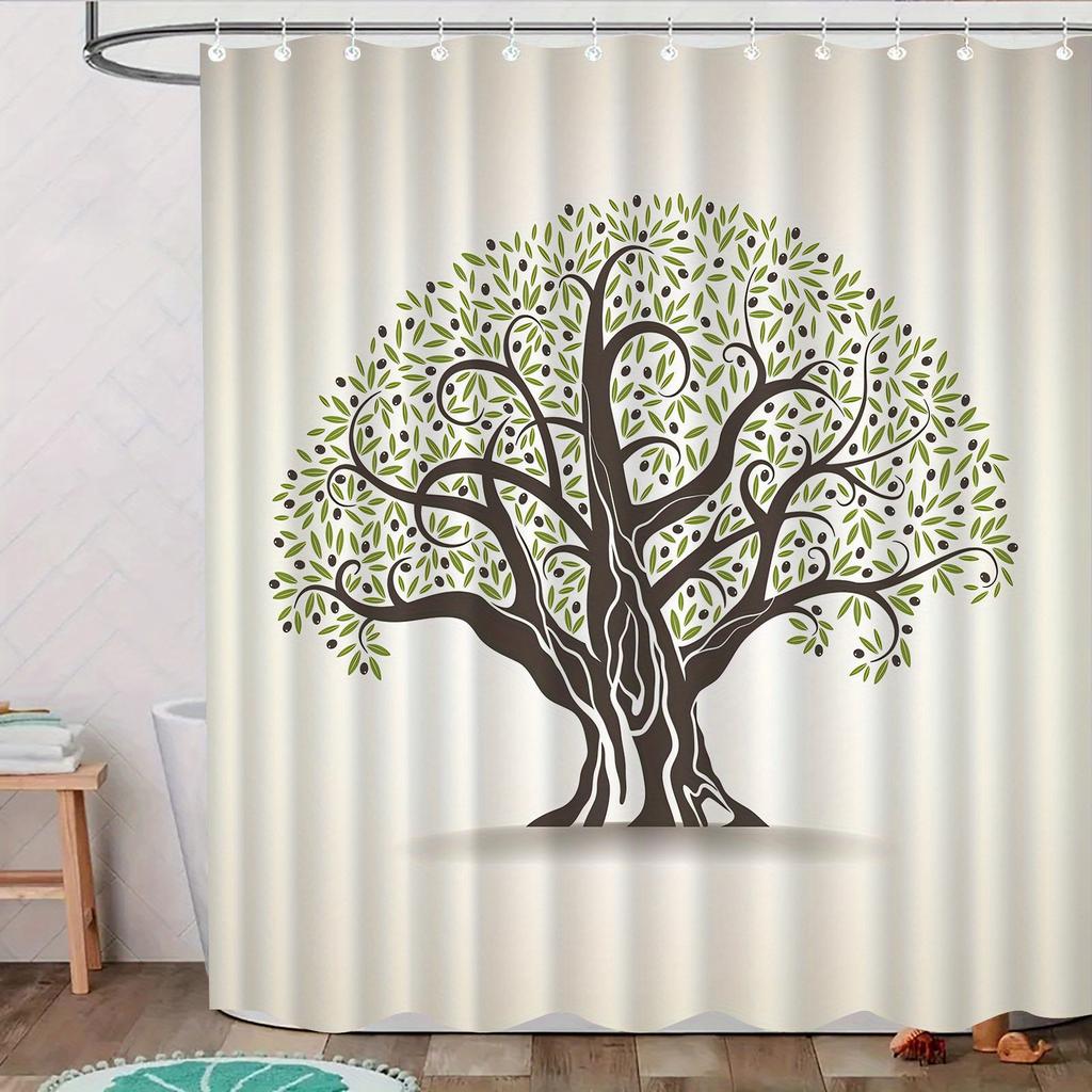 Elegant Tree Pattern Shower Curtain – High-End Polyester With Hooks, Artistic Green Leaf Design, Machine Washable