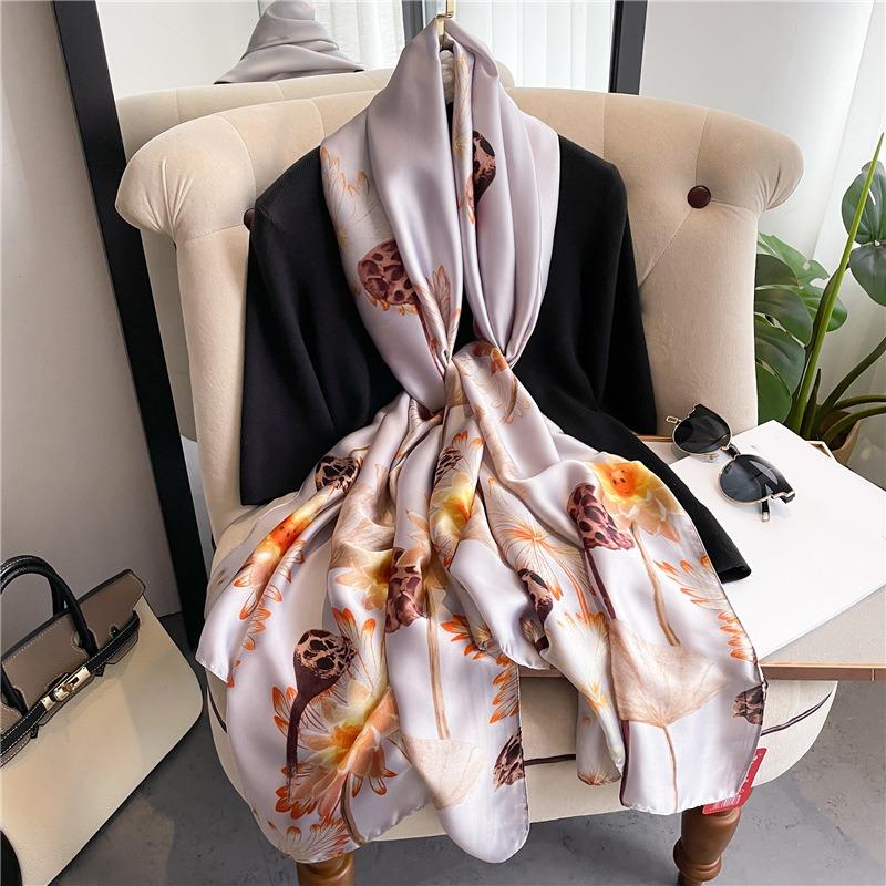 Lotus Root Pond Luxury Scarf Women's Goods New Silk Scarf Long Large Size Travel Shawl Sun Protection