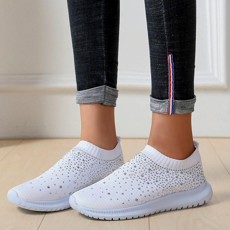 

New casual breathable rhinestone running shoes large size fly-woven shoes mesh women s sports shoes 43 білий