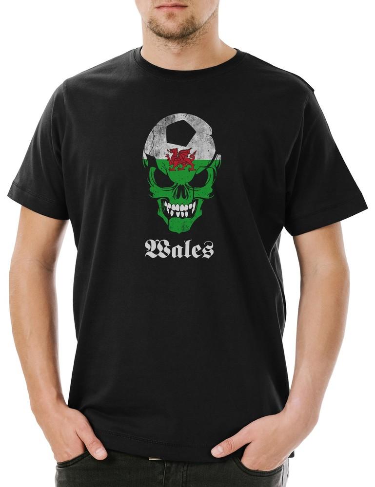 Classic Wales Football Skull Flag Mens T-Shirt Soccer Hooligan Skull