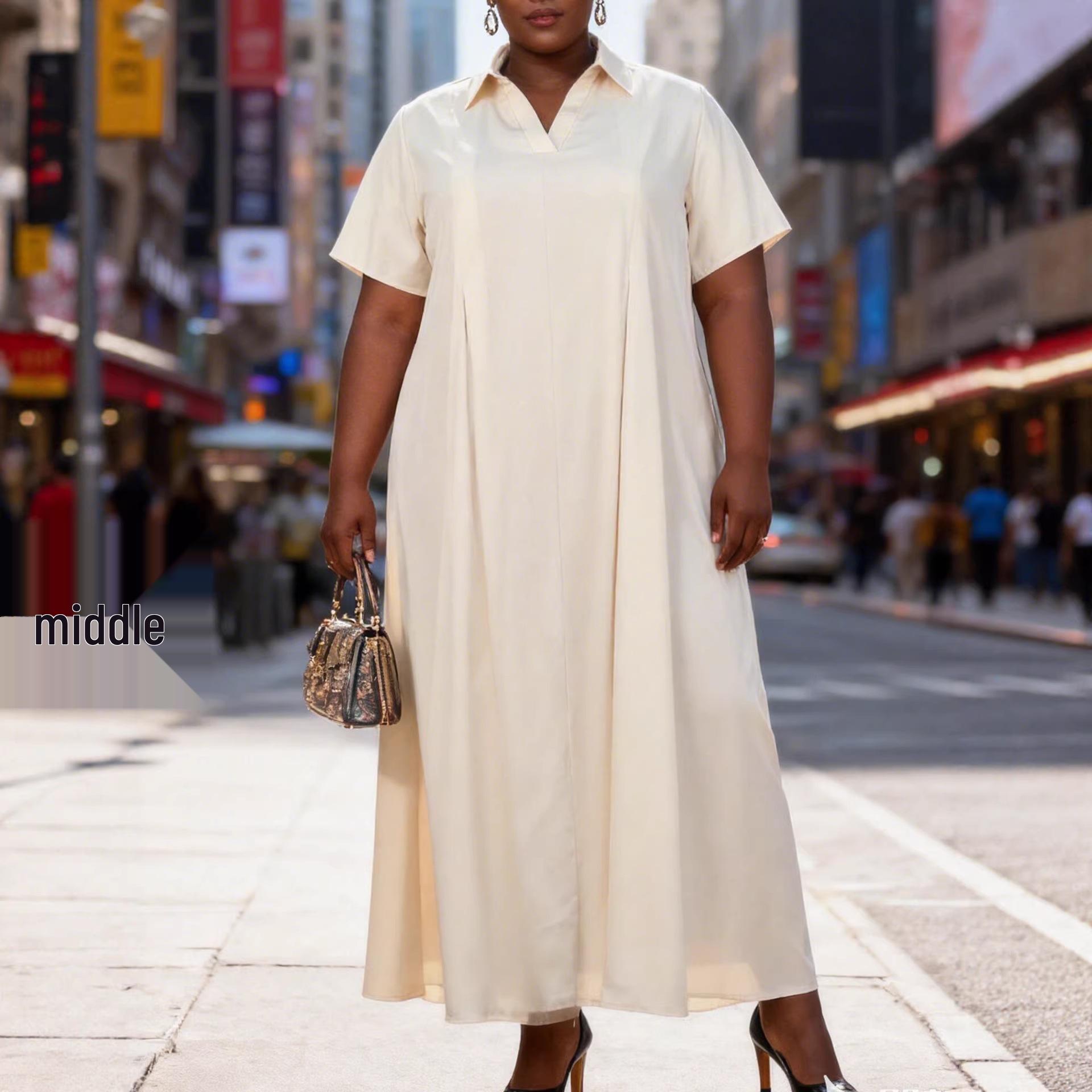 

Plus Size Elegant Pleated A-Line Long Dress with Lapel V-Neck and Short Sleeves 1XL хаки
