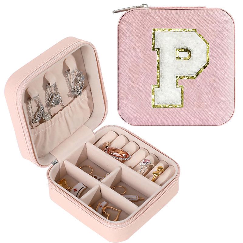 Large Capacity Jewelry Box for Stud Earrings and Rings - Portable Leather Storage with Letter Design
