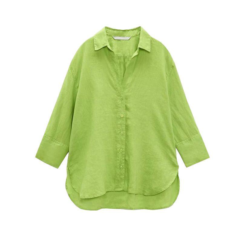 

Casual Loose Side Slit Long Sleeve Linen Shirt Top Sour Orange L