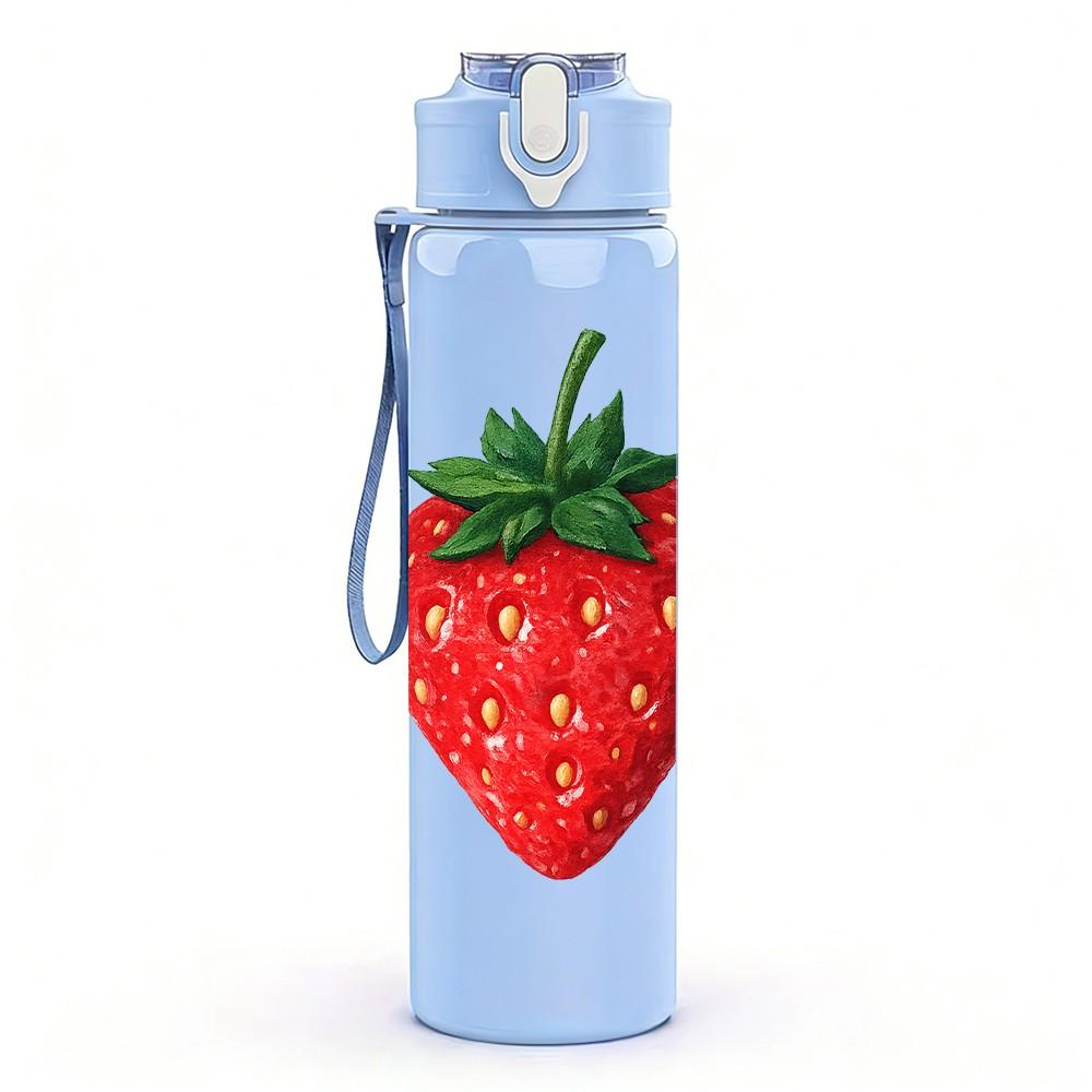 1PC Juicy Red Strawberry Fruit Print 750ml Color Plastic Sports Water Bottle Leakproof Flip Straw Lid Suitable for Sports Office Home Use