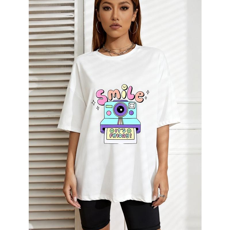 Crewneck T Shirt White Smile Camera It S Friday Graphic Print Casual Wear For Women And Girls Summer Outfit Streetwear Fashion Trendy Top