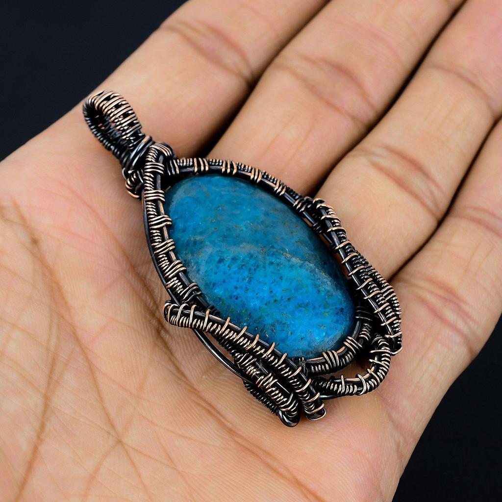 Neon Blue Apatite Gemstone Pendant 999 Copper Wire Wrapped Jewelry, Handmade Antique Pendant Jewelry, Gift For Mother