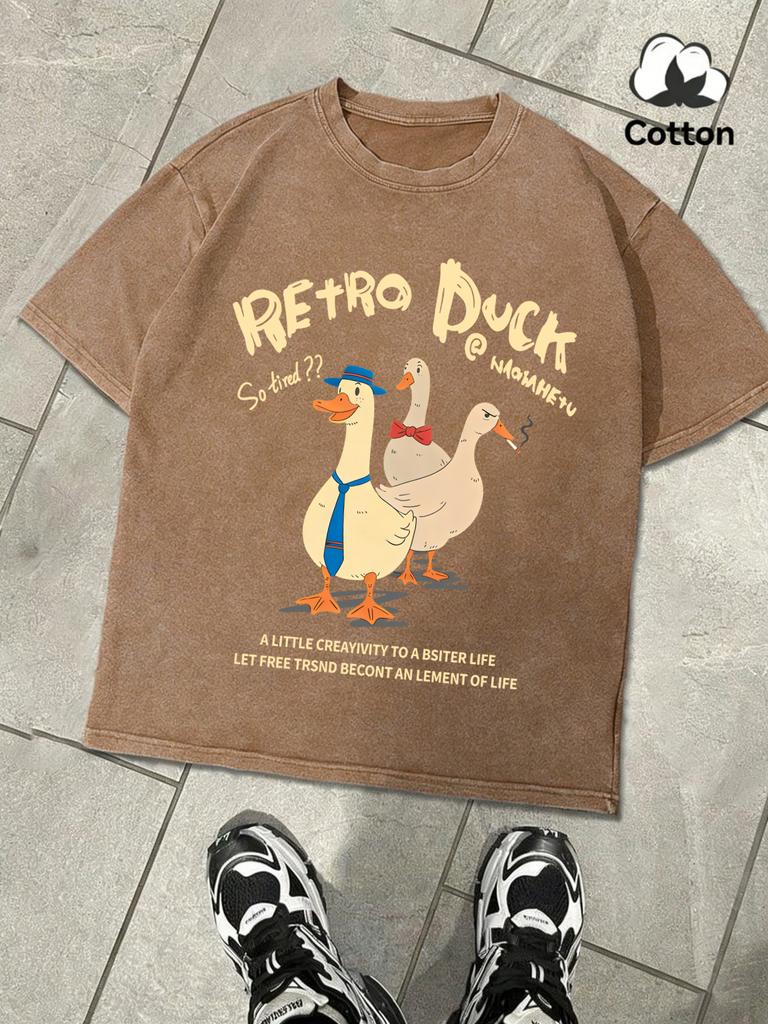 Retro Duck DoesnT Feel Tired Retro Men TShirt Wash Casual Cotton Tee Fashion Loose Short Sleeve Unisex Street Clothing