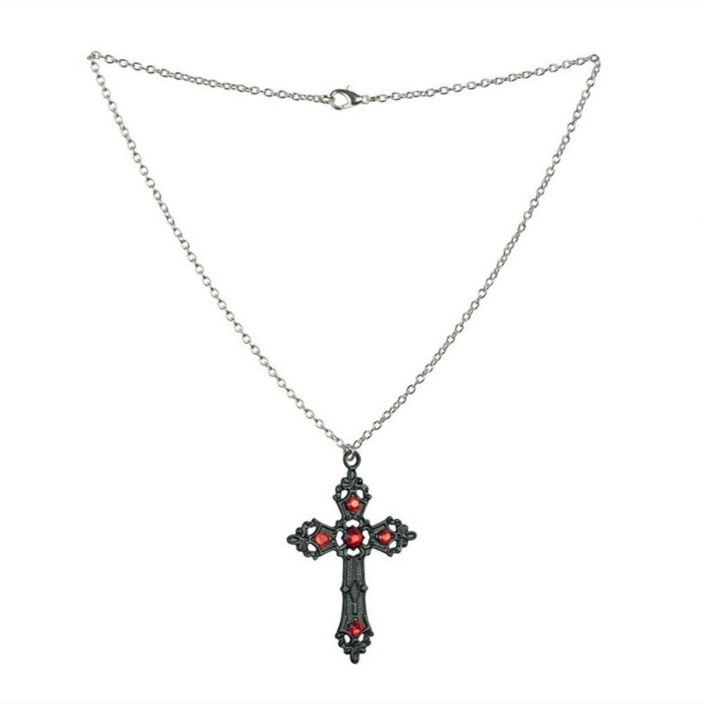 New Gothic Dark Retro Hollowed-out Cross Red Zircon Big Pendant Necklace for Women Men Halloween Party Jewelry Accessories Gifts