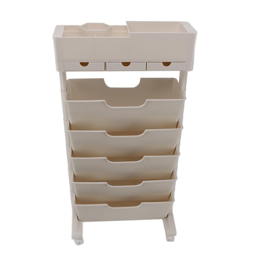 Mobiles Bücherregal Beige Abschließbare Räder mit 3 Schubladen Rollbarer Aufbewahrungswagen Kunststoff Multifunktional
