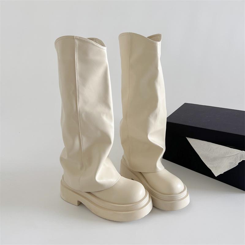 Black retro thick heel platform boots women's 2025 new autumn British style thin but knee trouser boots