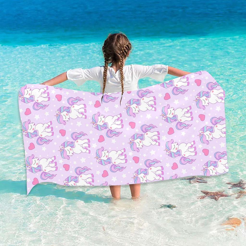 Name Custom Cartoon Beach Towel Cute Unicorn Soft Microfiber Travel Camp Towel Absorbent Quick-Drying Bath Towel Gift For Girl