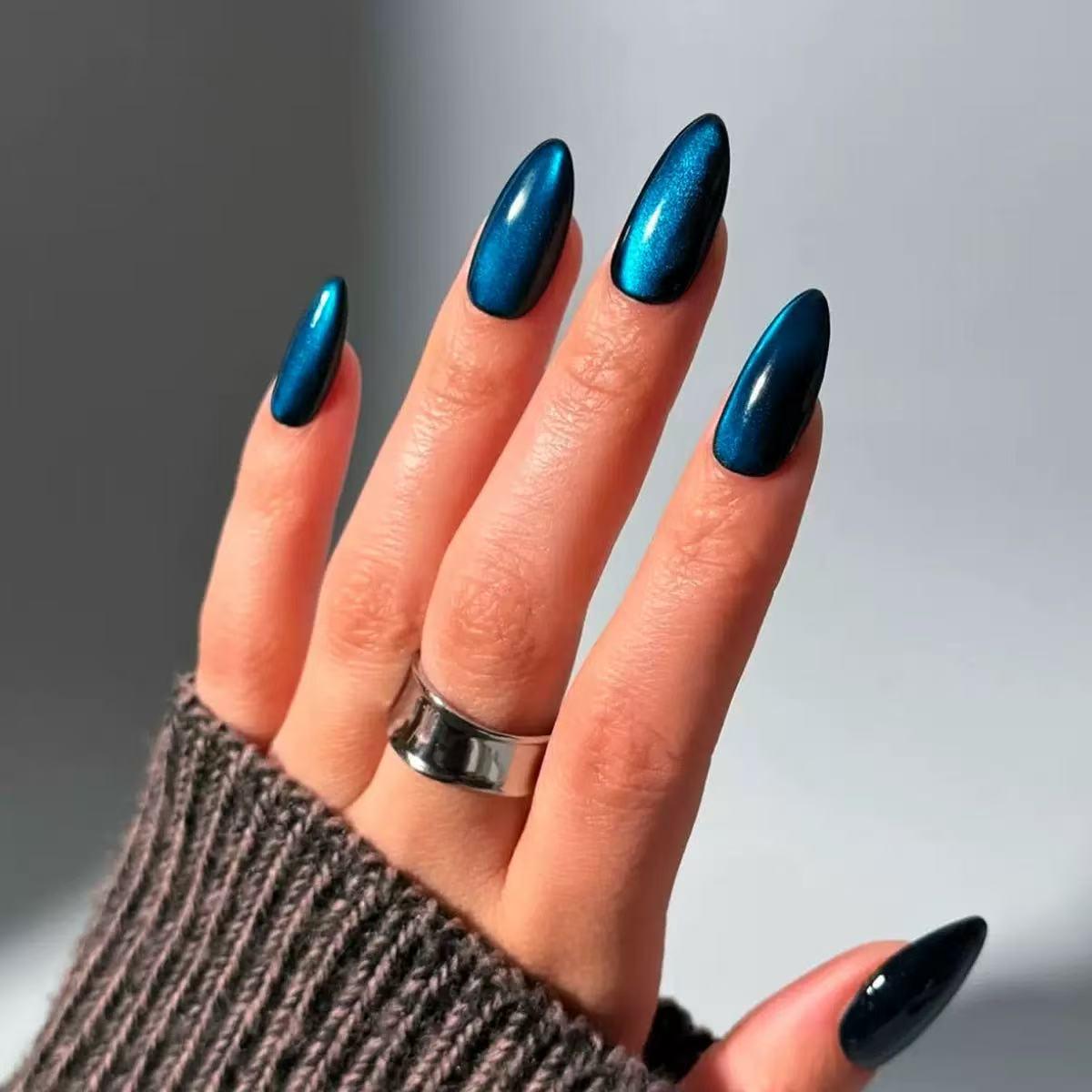 Blue Shiny Cat Eye Almond Wear-on Nails: Summer Style, Skin-Whitening Effect, Removable & Delicate False Nails