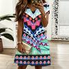 Women Oversized V Neck Short Sleeve Dress Retro Leaf Printed Flowy Dress For Countryside Trip And Everyday Wear