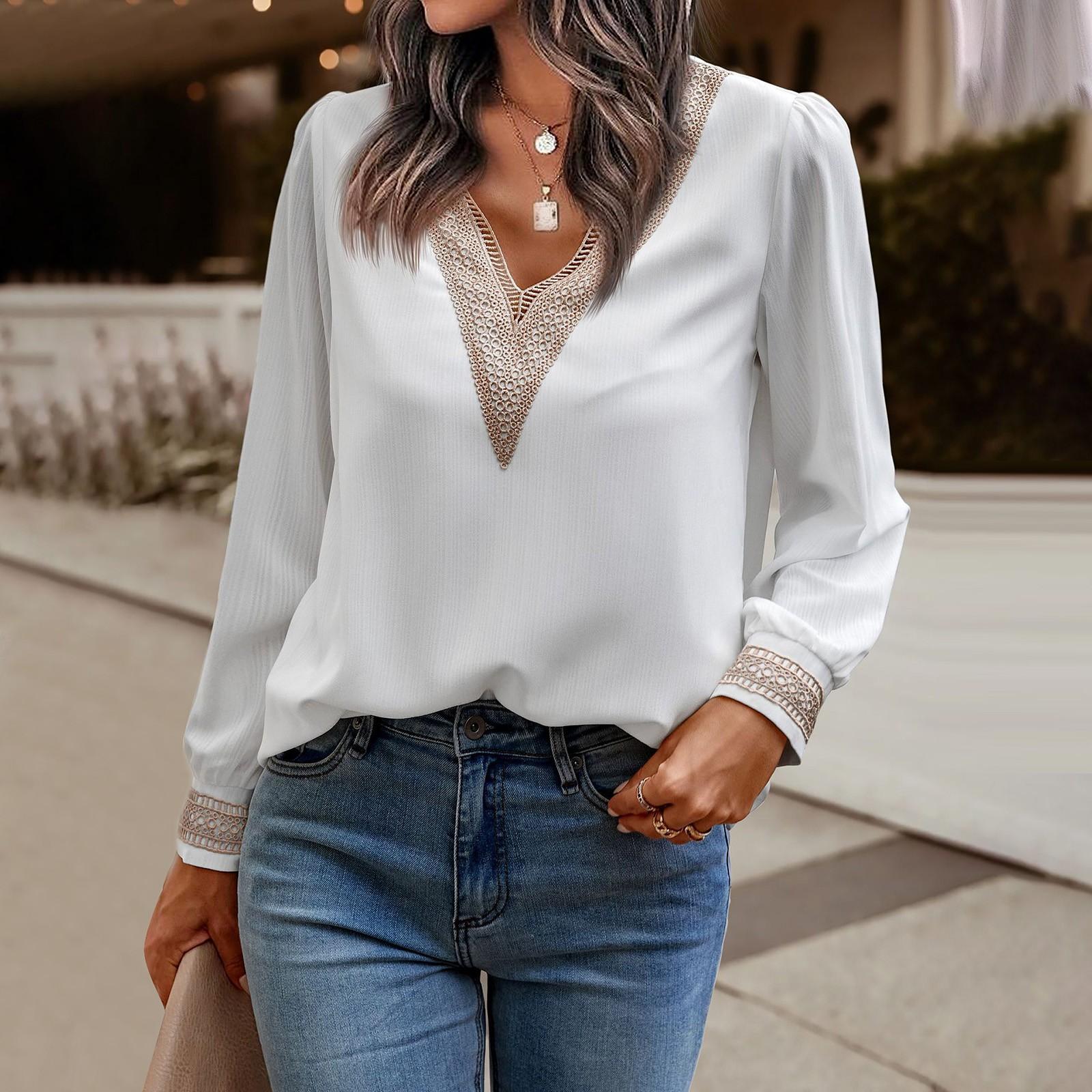 

Женский осенне-зимний модный сексуальный однотонный кружевной топ с v-образным вырезом и длинными рукавами XL белый