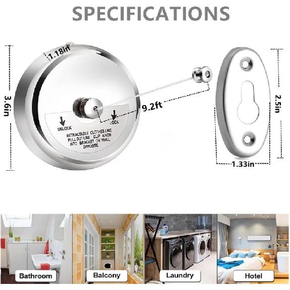 Retractable Clothesline Adjustable 304 Stainless Steel Shower Clothesline With Lock Button For RV Camper Caravan Motorhome
