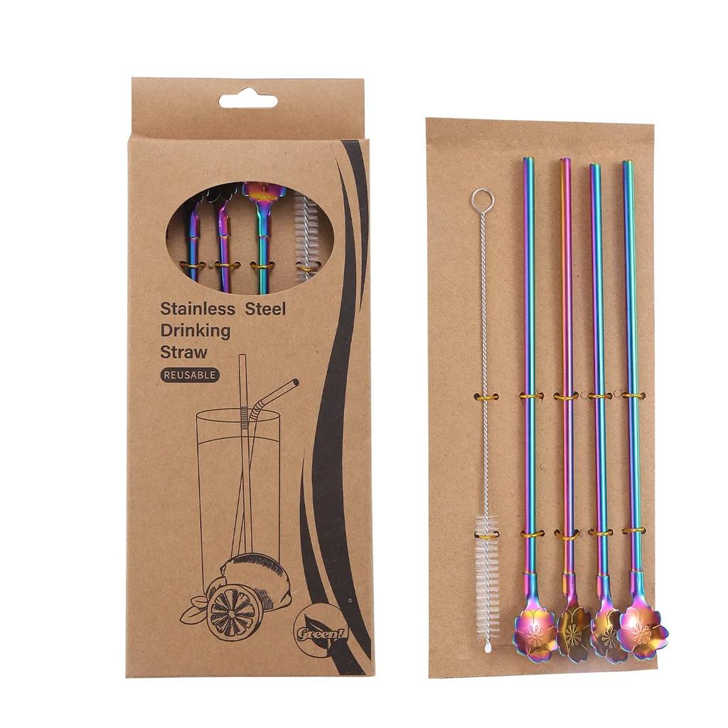 Cherry Blossom Straw Spoon Set with Cleaning Brush Stirring Spoon 304 Stainless Steel Summer Drink Cocktail Party BarAccessories