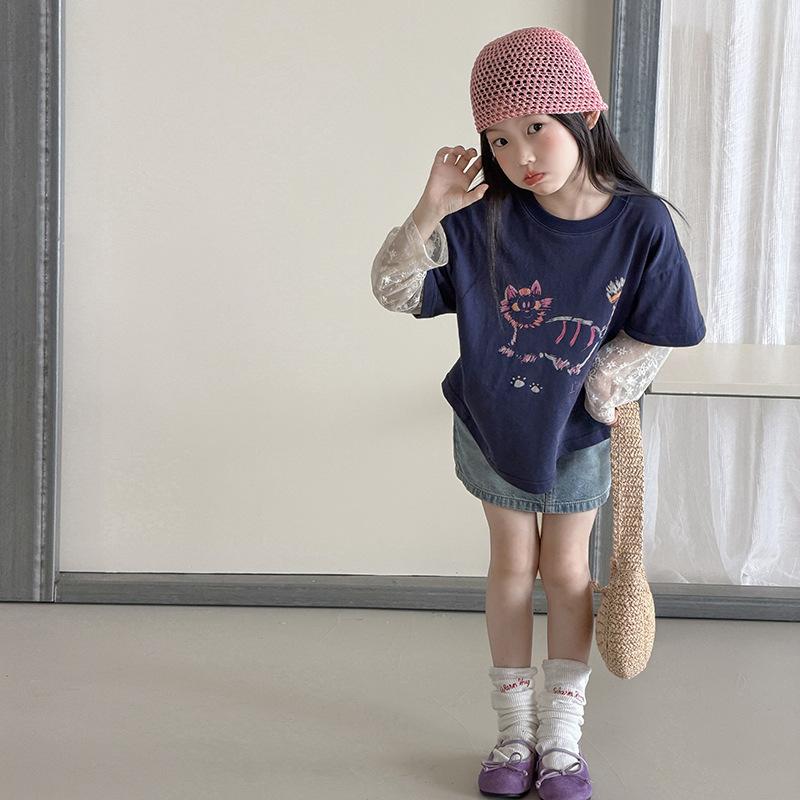 Girls Sweet Korean Style Fake Two Piece Lace Patchwork Short Sleeve T Shirt