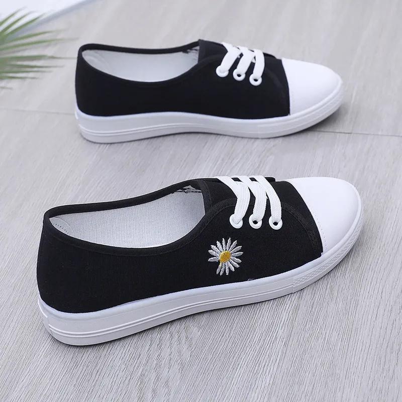 Damenschuhe Damenmode runde Zehenpartie schwarze Canvas Anti-Rutsch flache Schuhe für Studentin Schule Dame weiß cool floraler Schuh ba357