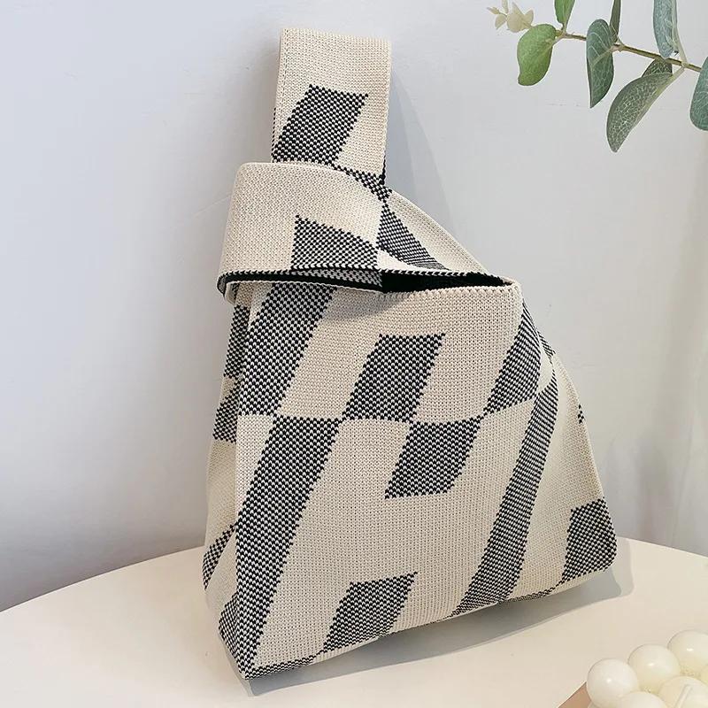 Japanese Thin Stripe Plaid Tote Bag Women Casual Color Handmade Knit Handbag Student Reusable Shopping Bag Keys Purse Handle Bag