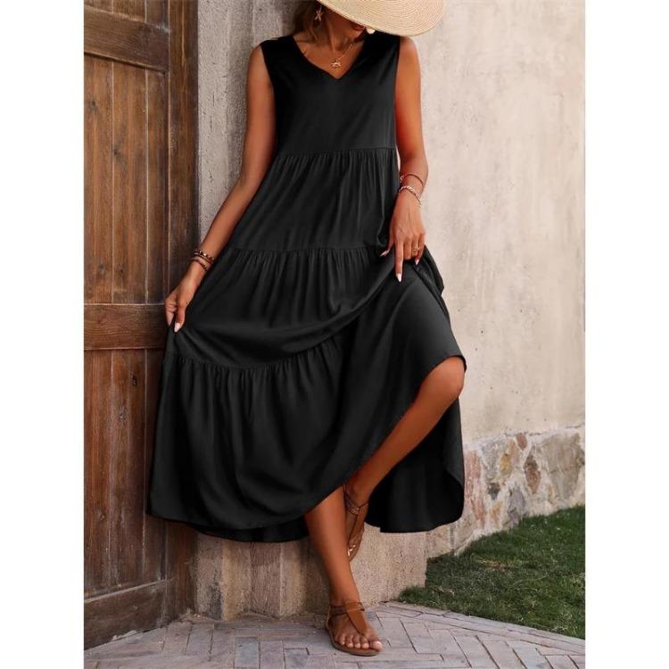 Women Casual Vacation Beach Dress Elegant V-neck Loose Long Dresses Holiday Femme Yellow Black RUFFLES Summer