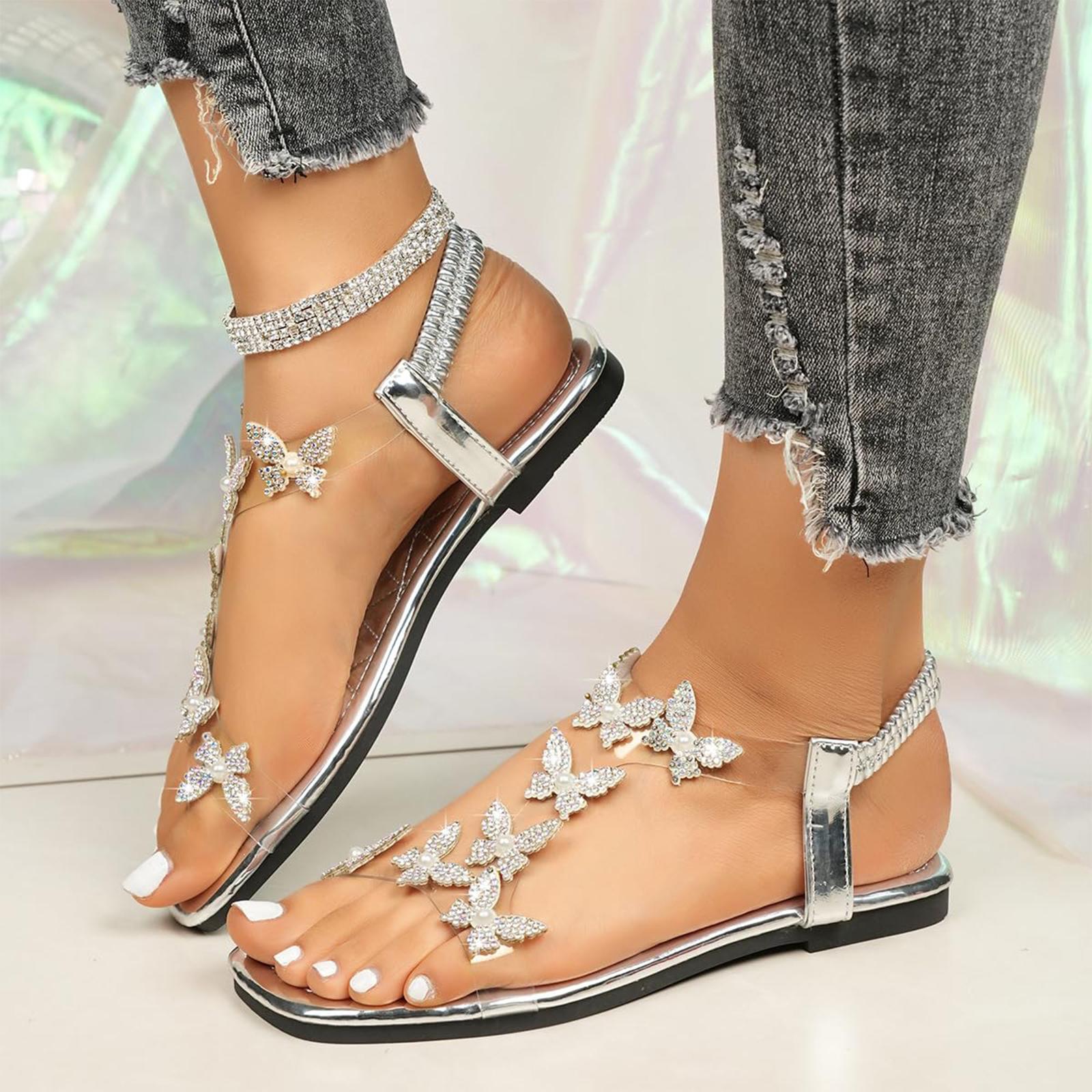 

Ladies casual square toe beach wearing butterfly rhinestone elastic flat sandals for outdoor wear 43 срібний