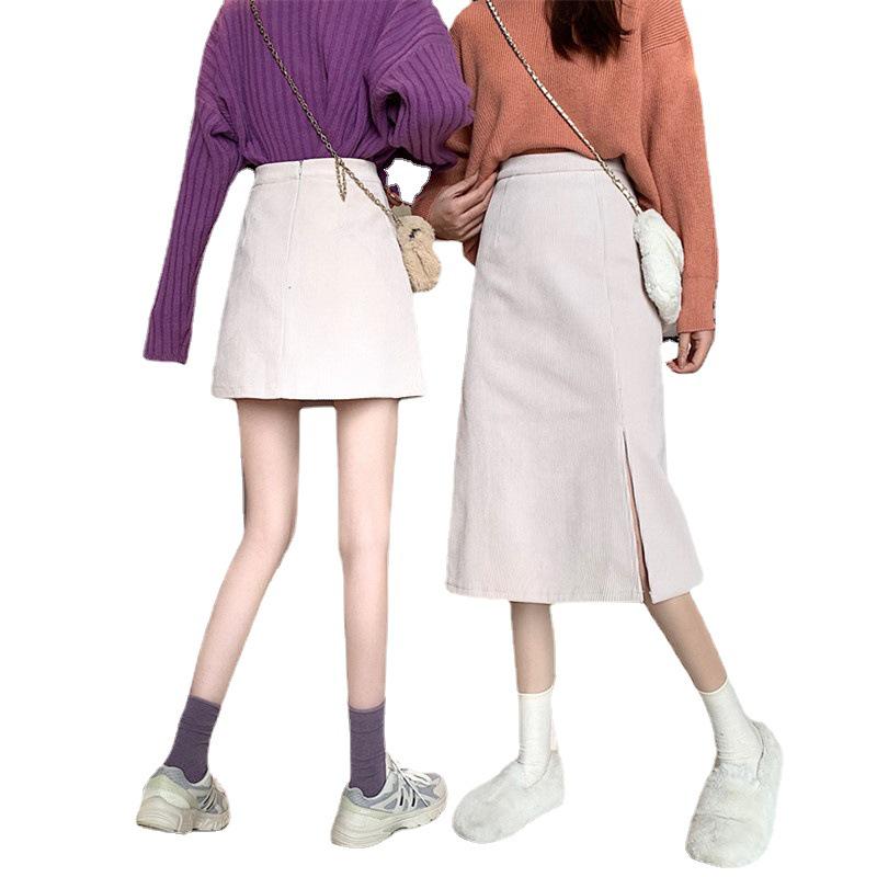 High-Waisted Corduroy A-Line Midi Skirt: Autumn/Winter 2021 Slimming, Solid Color, Hip-Hugging