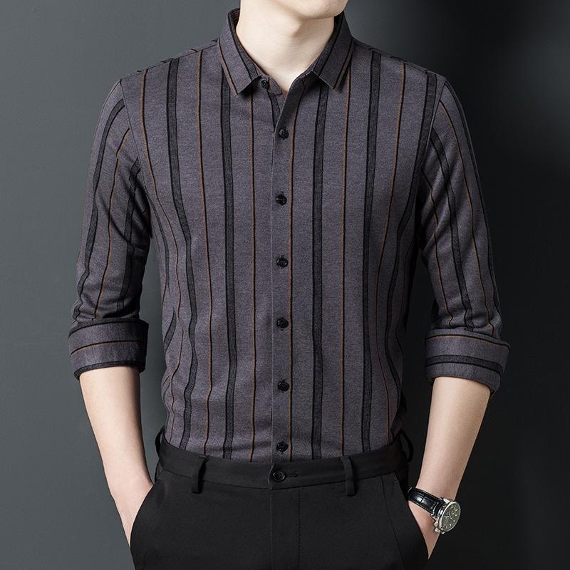 Camicia da Uomo Business Casual Primavera Tessuto Morbido Confortevole Traspirante Righe Rever
