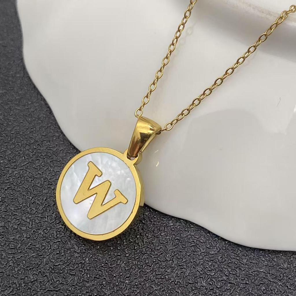 White Stainless Steel Small Round Tag Necklace - 26 Letters, Women's Cold Style Fashion, Versatile Light Luxury, 2025 Collection.