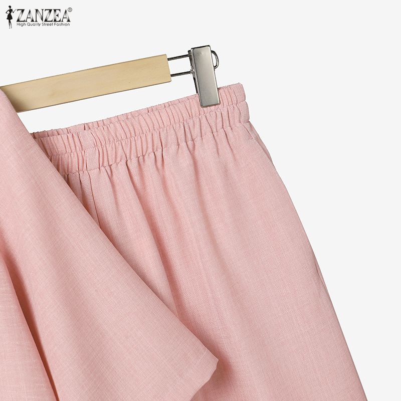 ZANZEA Women Casual Two Piece Set 3/4 Sleeve Button Up Shirt and Wide Leg Long Pants Loose Matching Outfits