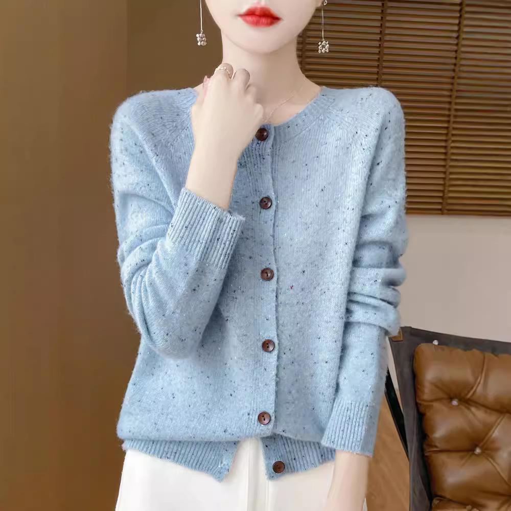 Wollstrickjacke im koreanischen Stil mit Pünktchen: Herbst/Winter Schlankmachend Lockerer Schnitt