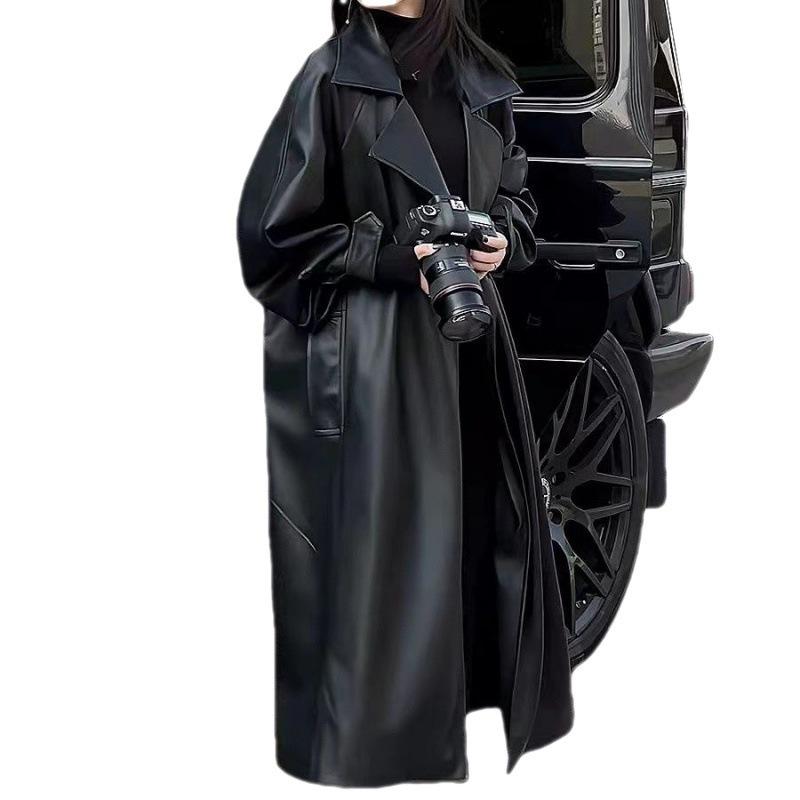 Herbst und Winter Temperament Lange Overknee PU Lederjacke Damen Lockere Motorradjacke Windbreaker