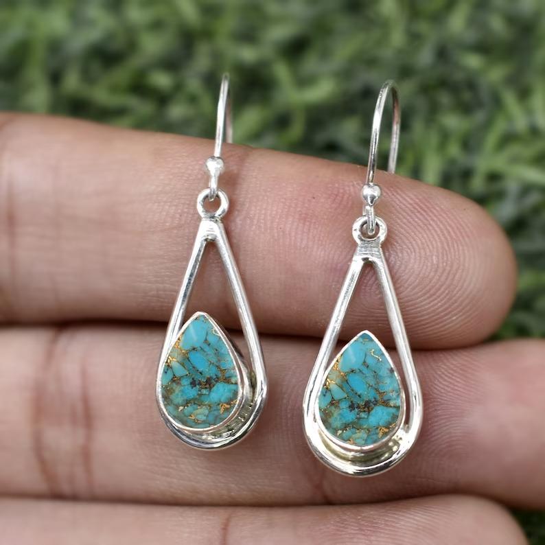 Turquoise Gemstone Handmade Designer Earring, Solid 925 Sterling Silver Earring, Gift For Her, Anniversary Gift
