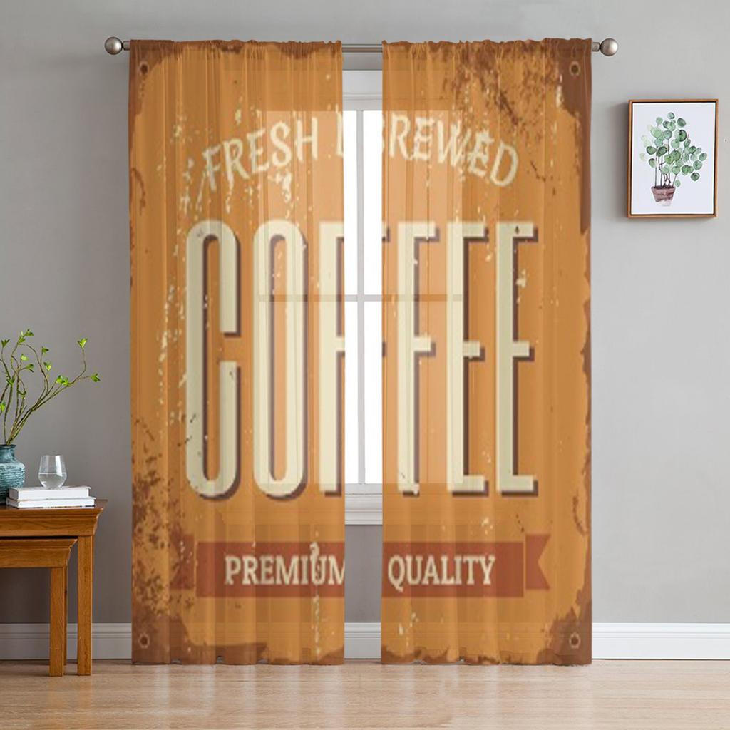 Vintage Style Tin Sign 'Fresh Brewed Coffee Sheer Curtains for Living Room Tulle Window Curtain Bedroom Kitchen Veil Drapes