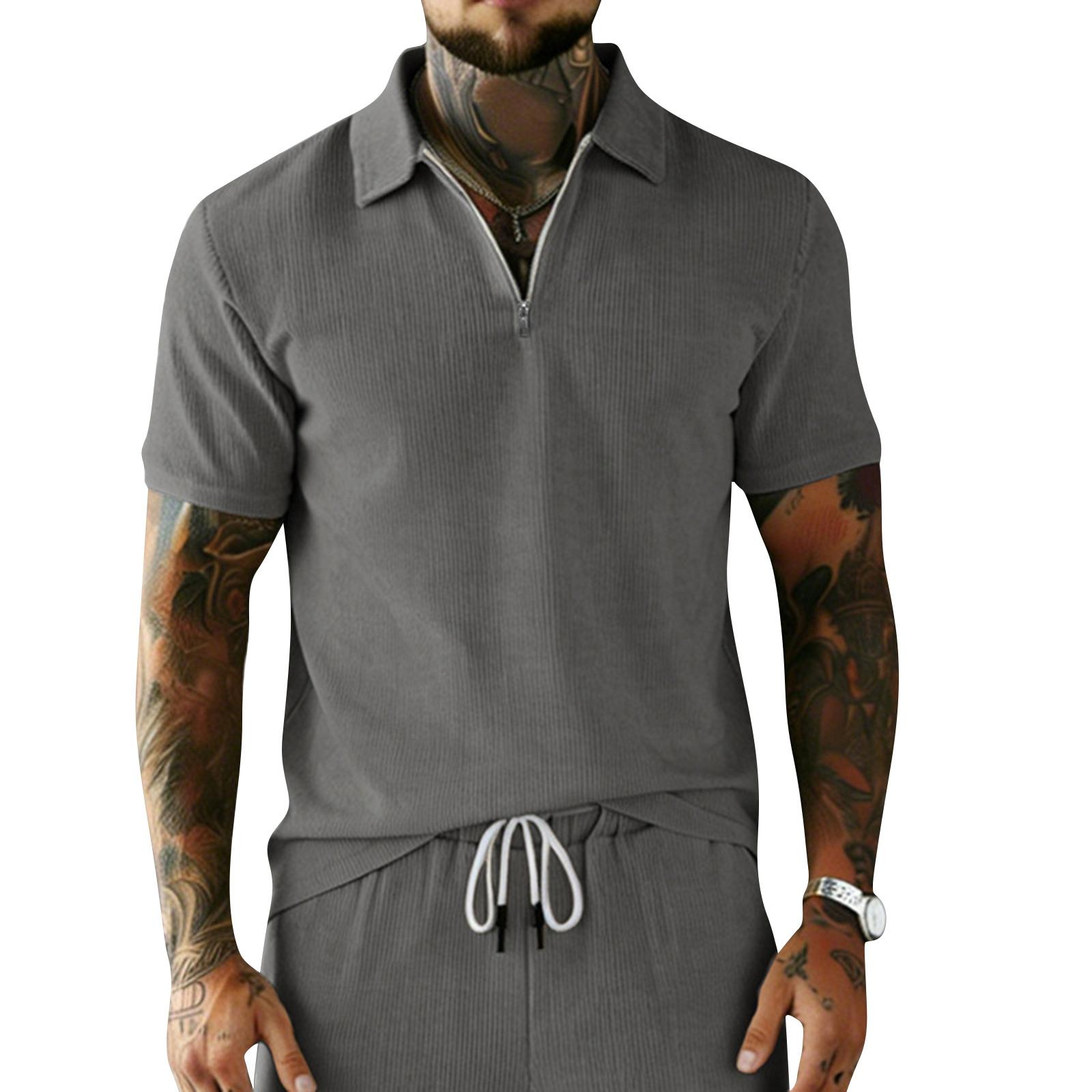 Men s Vintage Corduroy Short Sleeve Shirt Zipper Front Casual Lightweight Breathable Fabric Summer Top L