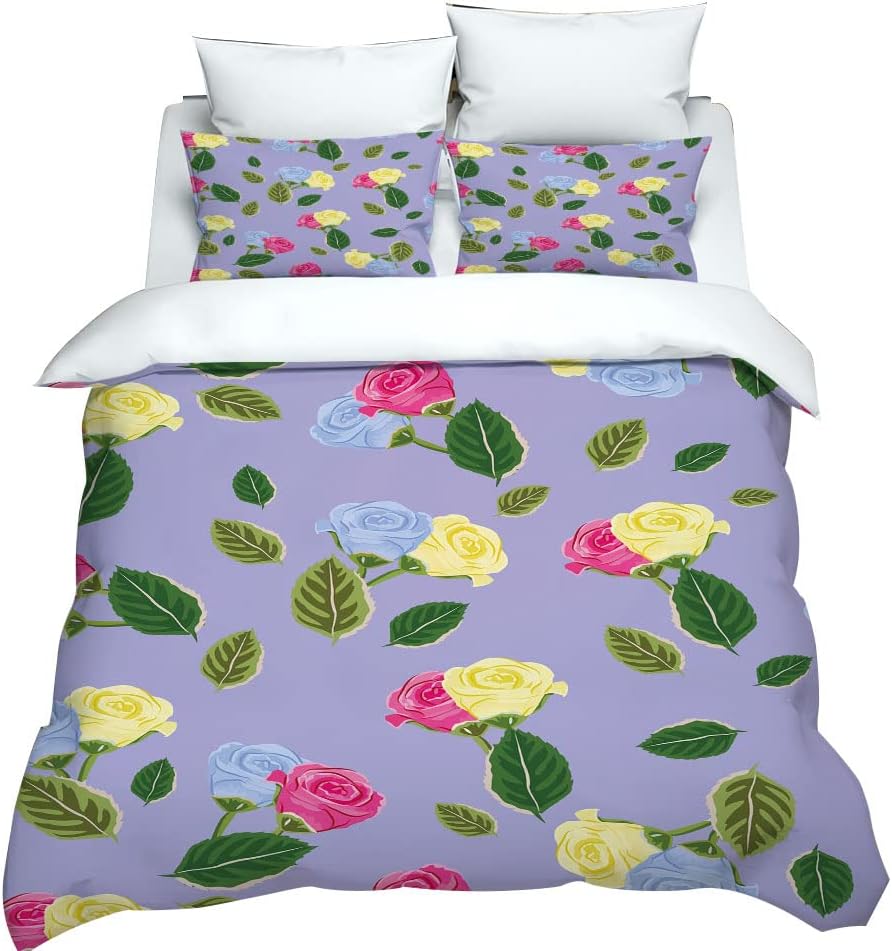 

Girls Cartoon Flowers and Leaves Duvet Cover set, Cute Comforter Cover Girly Tropical Plant Summer Bedding Set For Kids Children 90x200m