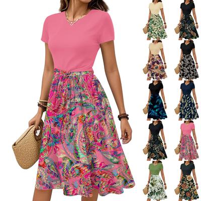Women's Casual Fashion Belted Floral Print Short Sleeve Round Neck Elegant Dress