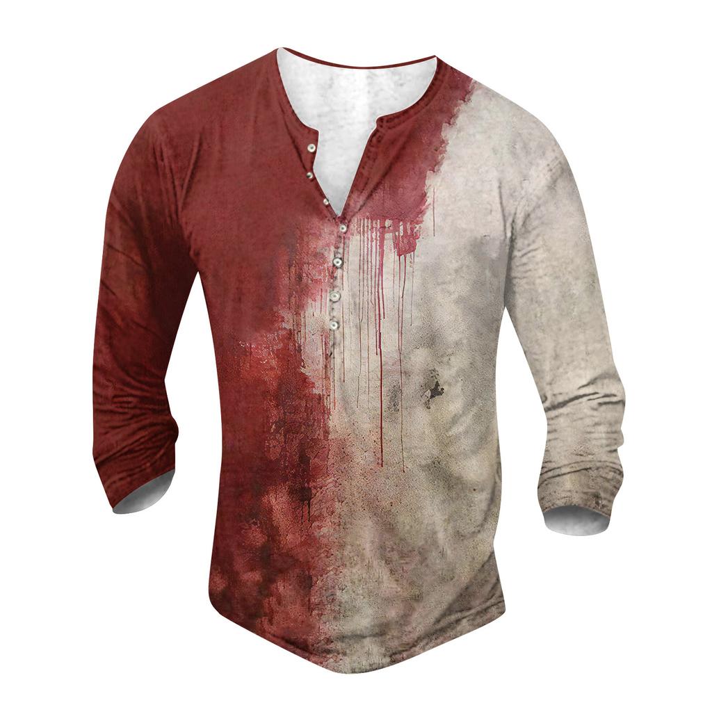 Pánské outdoorové retro tričko s potištěným knoflíkem s dlouhým rukávem