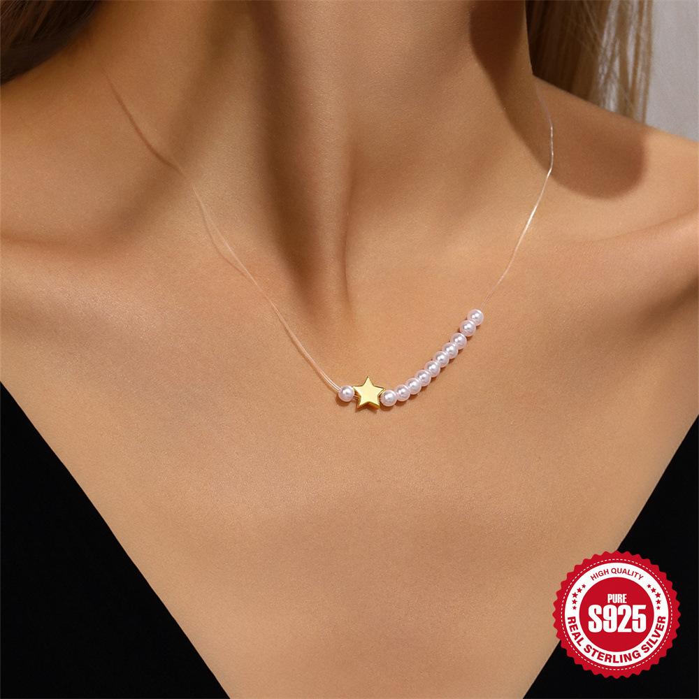 Colier Pandantiv Stea cu Cinci Colțuri Perle Argint Sterling S925 Nișă High-End Linie de Pescuit Lanț Claviculă cu Mărgele Colier de Modă