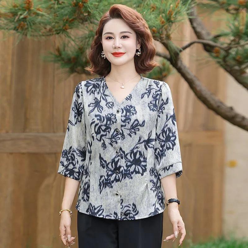Temperament Middle-aged and Elderly Summer Floral Tops Fashionable Three-quarter Sleeve Cardigans Versatile