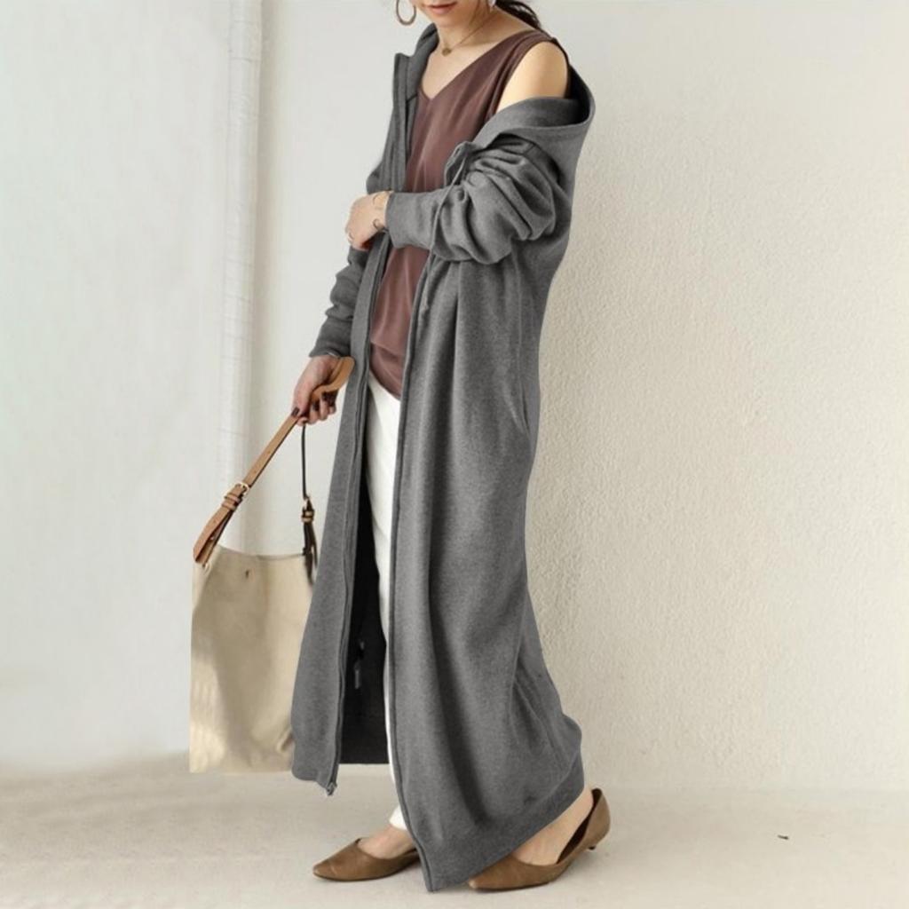 Damen Plus Size Einfarbige Kapuzen-Reißverschluss-Langarm-Sweatshirt-Kleid mit Fleecefutter Lässige Langarm-Sportjacke
