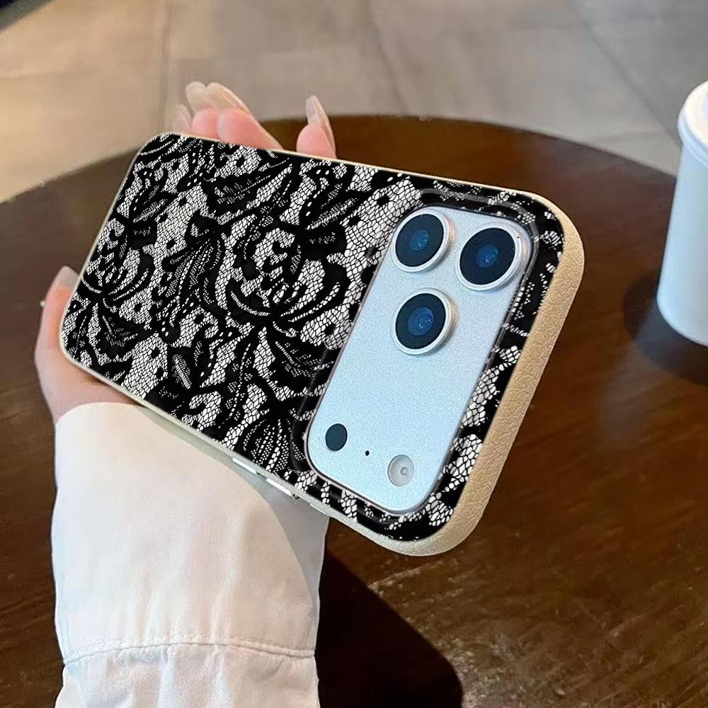 Black Lace Pattern Phone Case For iPhone 17 Pro Max 16 Plus 15 Pro 14 11 13 12 11 16E 17Air XR XS Lychee Textur Soft Cover