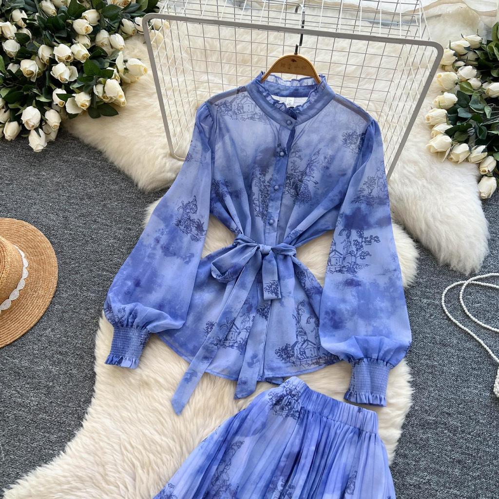 Women's French Style Tie-Waist Lantern Sleeve Chiffon Top & High-Waist Skirt Set