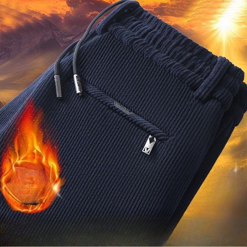 Men's Autumn Winter Fleece Lined Thickened Corduroy Casual Straight Leg Pants Loose Striped Long Pants for Middle-Aged Men