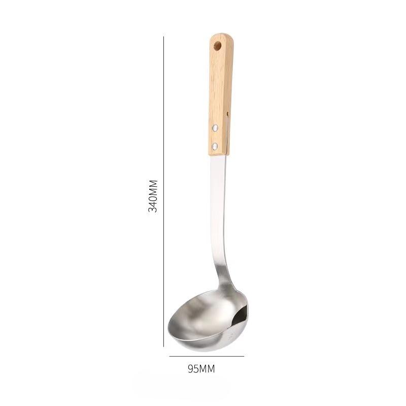 

Кухонный бытовой жироуловитель из нержавеющей стали 304, суповая ложка с длинной ручкой, теплоизолирующая деревянная ручка, половник для супа Wooden handle spoon