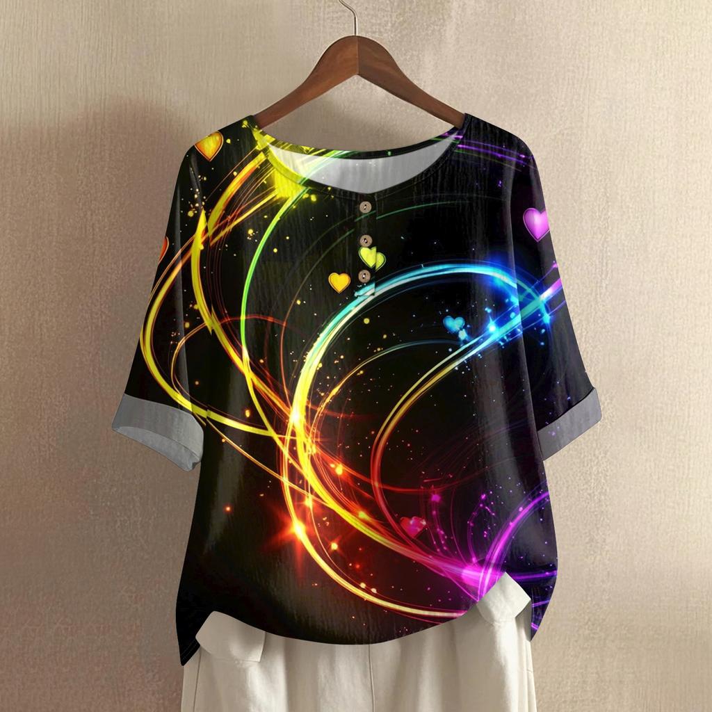 Damska casualowa i wygodna bawełniano-lniana bluzka z okrągłym dekoltem, średniej długości, z modnym nadrukiem