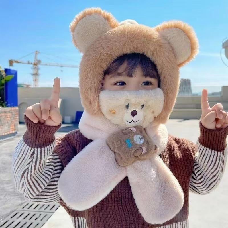 Winter Children One Piece Scarf Hat+Mask Cute Cartoon Baby Ear Protection Cap 1-6 Kids Plush Cross Neckerchief Warm Beanies
