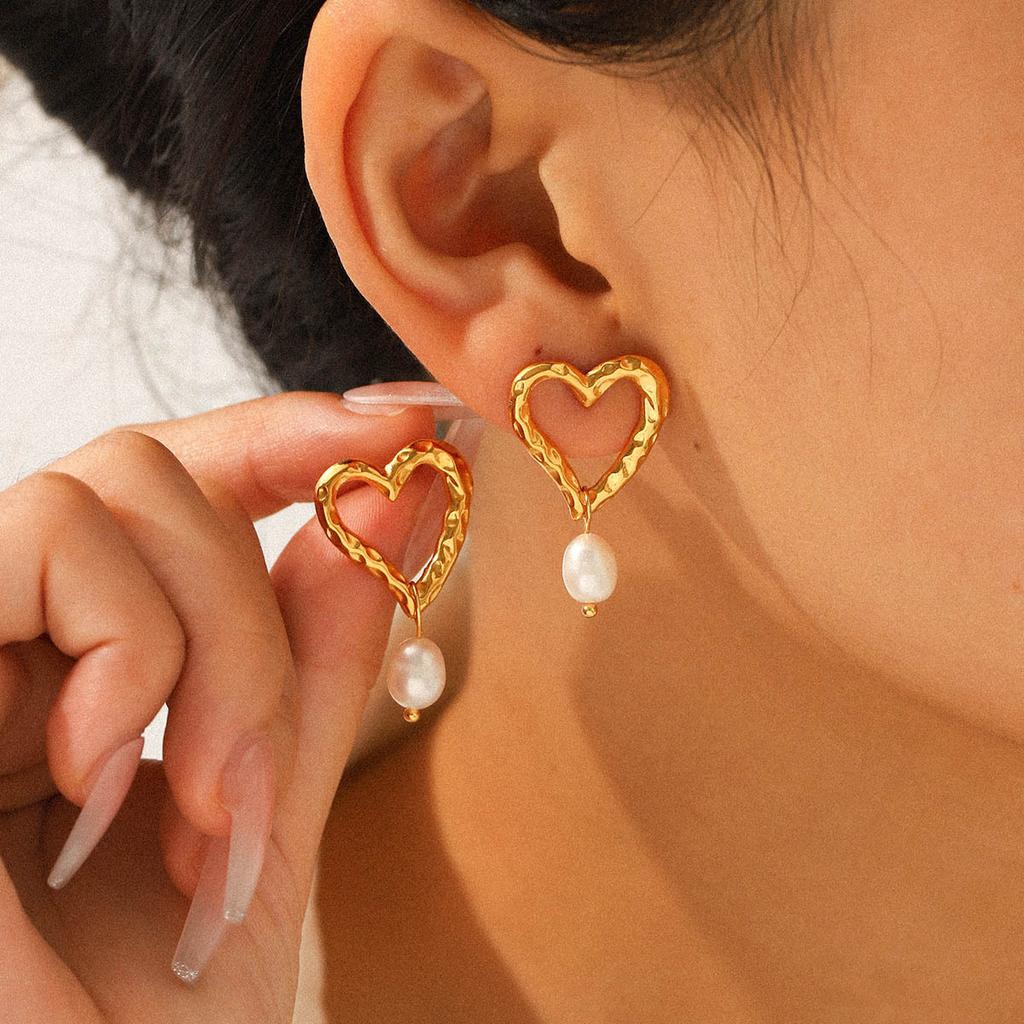 Hammered Texture Heart Earrings with Pearl Drops Titanium Steel Elegant and Versatile Ear Accessories